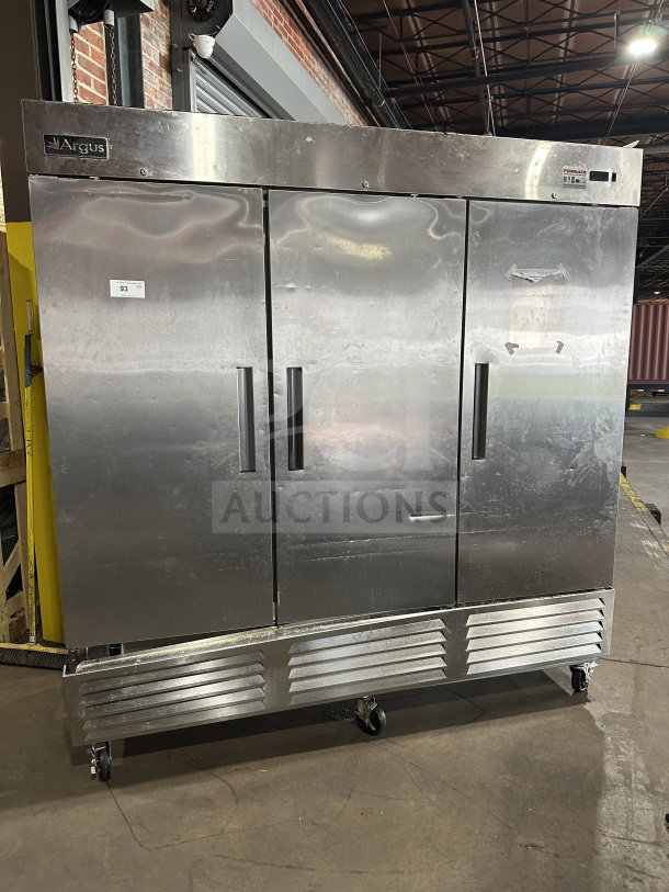Argus EDRR72 stainless steel 3-door reach-in refrigerator on casters, model SN 8102140220, 115V, 1Phase, used condition.
