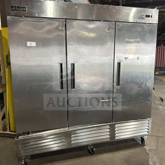Argus EDRR72 stainless steel 3-door reach-in refrigerator on casters, model SN 8102140220, 115V, 1Phase, used condition.