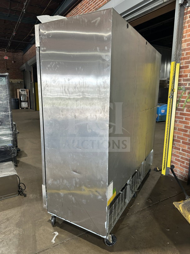 Argus EDRR72 stainless steel 3-door reach-in refrigerator, on casters, model SN: 8102140220, 115V, 1 phase, industrial condition.