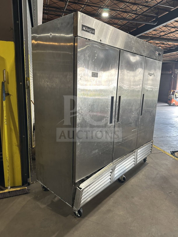 Argus EDRR72 stainless steel 3-door reach-in refrigerator, serial SN: 8102140220, on casters, used condition.
