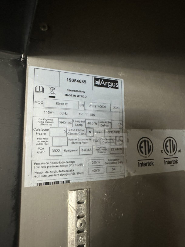 Argus EDRR72 Stainless Steel 3-Door Refrigerator, Model EDRR72, SN: 8102140220, 115V, 1 Phase, on casters, label details specs.