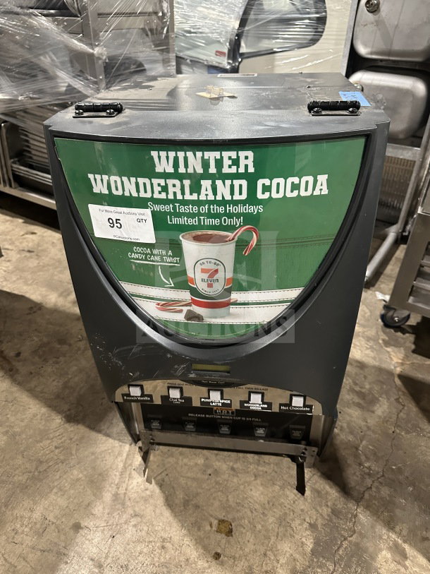 Bunn IMIX5S commercial countertop hot beverage dispenser, offering multiple flavors, Winter Wonderland Cocoa promo display, used condition.
