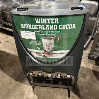 Bunn IMIX5S commercial countertop hot beverage dispenser, offering multiple flavors, Winter Wonderland Cocoa promo display, used condition.