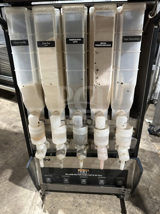 Bunn Commercial Hot Beverage Dispenser, Model IMIX5S, five labeled dispensers, 120V, countertop unit, used condition.