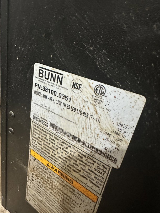Bunn IMIX5S commercial hot beverage dispenser, black. Features a 120V, 1-phase setup. Serial number IMIX048526 visible.