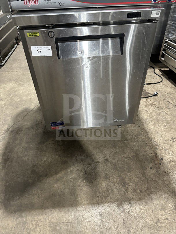 Turbo-Air stainless steel undercounter refrigerator, model MUR-28-N-711S, S/N: H2MU2R0G63826, with poly-coated wire rack, 115V, on legs.