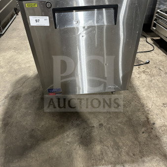 Turbo-Air stainless steel undercounter refrigerator, model MUR-28-N-711S, S/N: H2MU2R0G63826, with poly-coated wire rack, 115V, on legs.