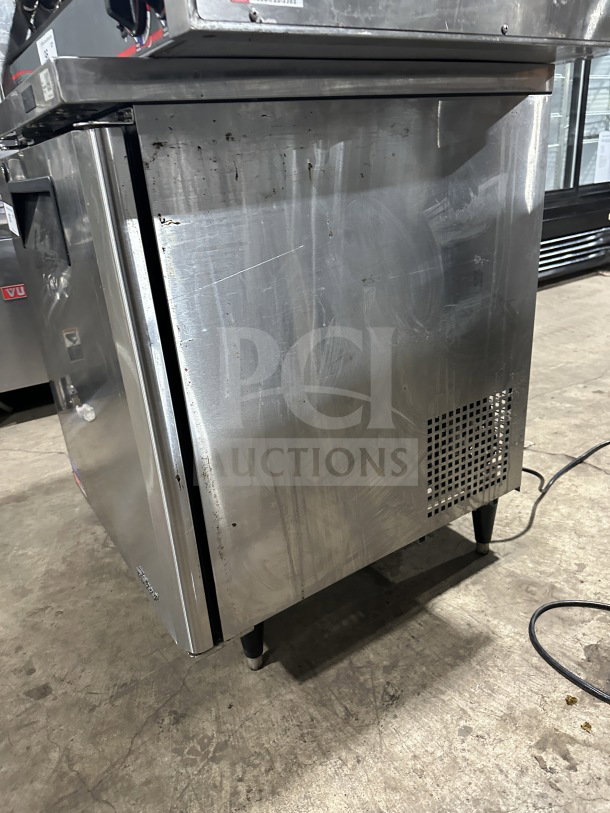 Turbo-Air stainless steel undercounter refrigerator, model MUR-28-N-711S, on legs with poly coated wire rack, 115V, serial H2MU2R0G63826.