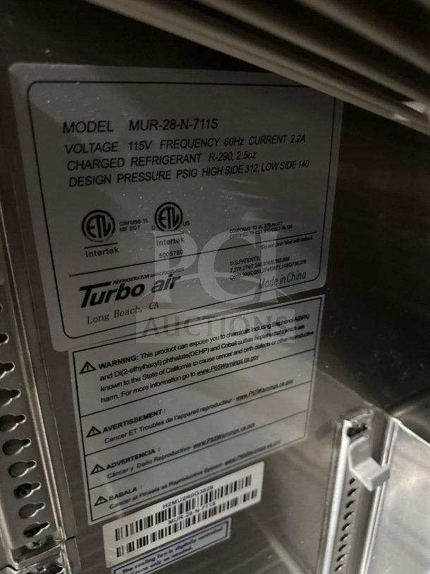 Turbo-Air MUR-28-N-711S Stainless Steel Undercounter Refrigerator, 115V, with poly-coated wire rack, model details shown.