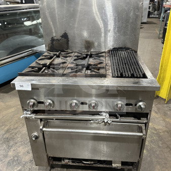 Commercial stainless steel gas range with 4 burners, 12" charbroiler, and standard oven base. Includes wired oven rack, on legs.