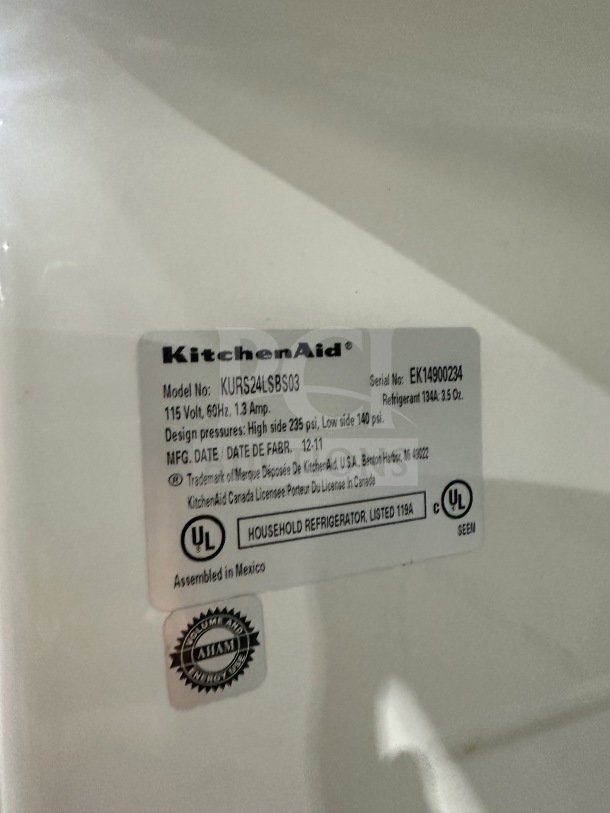 KitchenAid Commercial Stainless-Steel Refrigerator, model KURS24LSB03, serial EK14900234, 115V, UL listed, assembled in Mexico.