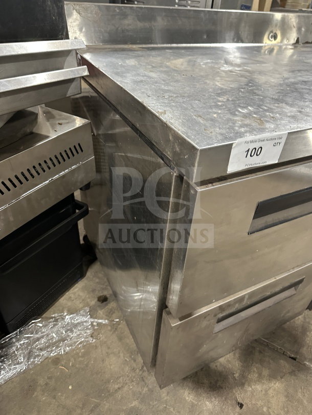 Hoshizaki stainless steel 4-drawer worktop freezer, model CRMF48-WD4, with backsplash, 115V 1 phase, on casters.