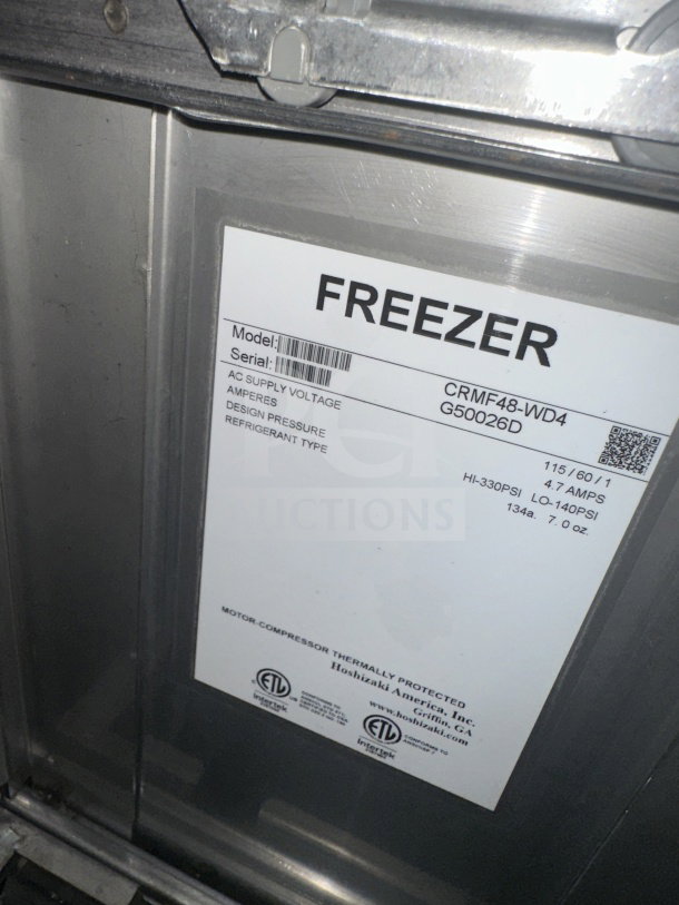 Hoshizaki CRMF48-WD4 commercial stainless steel 4-drawer worktop freezer with backsplash, model details visible.