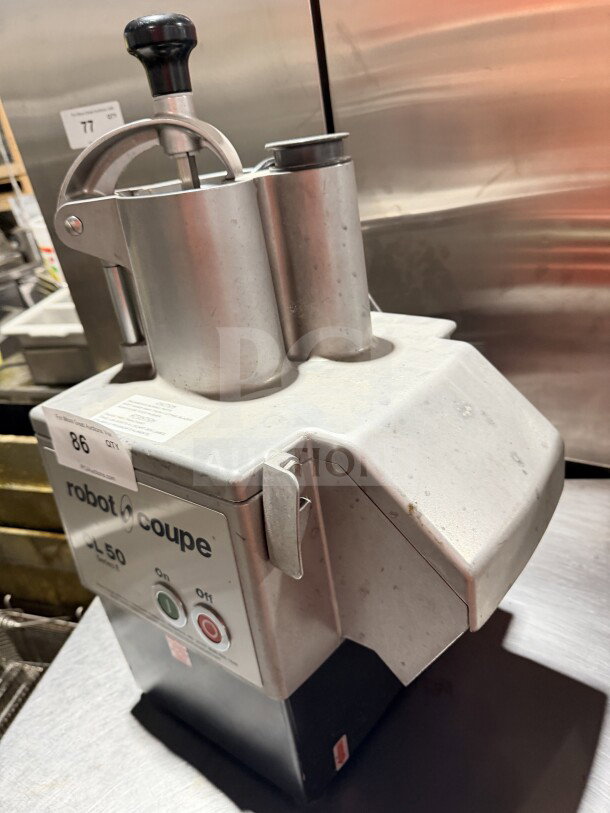 Robot Coupe CL50 commercial stainless steel food processor, countertop model, continuous feed, no discs included.