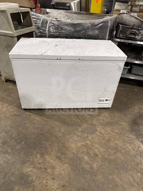 Nordon solid white reach-down chest freezer, model BO360, 110V 1 Phase. Used condition with visible wear.