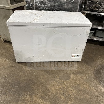 Nordon solid white reach-down chest freezer, model BO360, 110V 1 Phase. Used condition with visible wear.