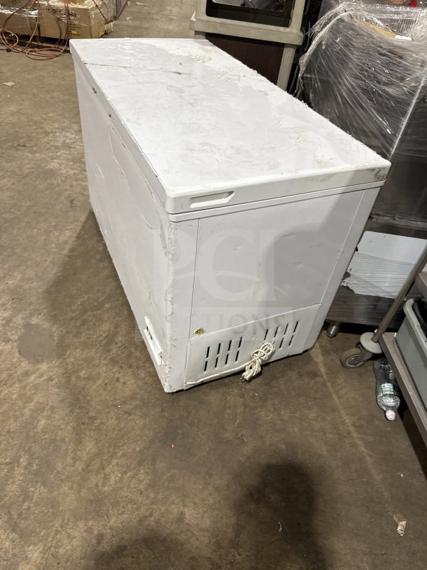 Nordon Solid White Chest Freezer, Model BO360, 110V 1 Phase, visible wear, sturdy build, for versatile storage needs.