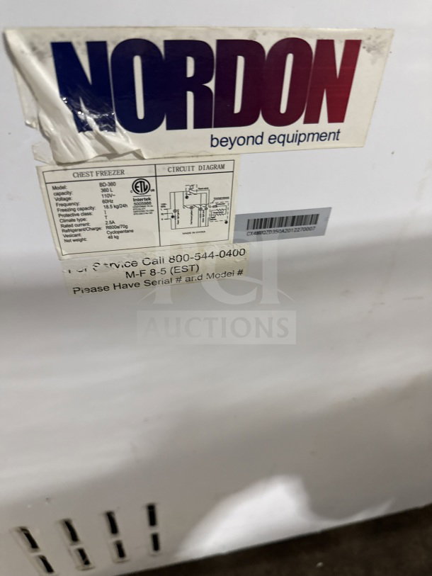 Nordon BO360 solid white chest freezer, model BO360, 110V, 1 phase, 360L capacity, circuit diagram visible, minor wear.