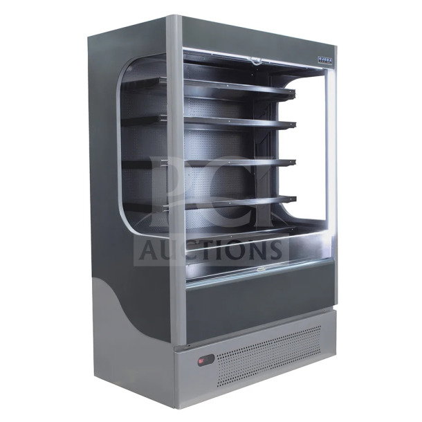 Brand new Ojeda ALPA-120H refrigerated open merchandiser display case with pull-down night curtain, 5 shelves.