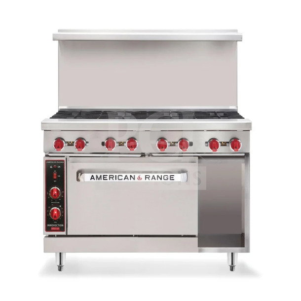 American Range HD Series stainless steel gas range, model AR-36G-2B, with 2 burners. Features red knobs, commercial-grade.