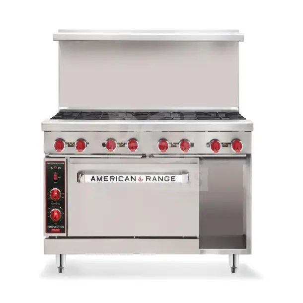 American Range HD Series stainless steel gas range, model AR-36G-2B, with 2 burners. Features red knobs, commercial-grade.