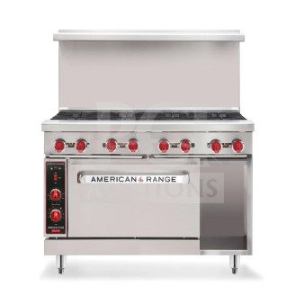 American Range HD Series stainless steel gas range, model AR-36G-2B, with 2 burners. Features red knobs, commercial-grade.