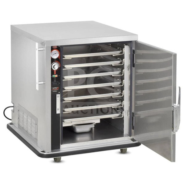 BRAND NEW FWE stainless steel electric heated holding cabinet, model TS-1826-7, with 5-pan capacity and left hinged door.