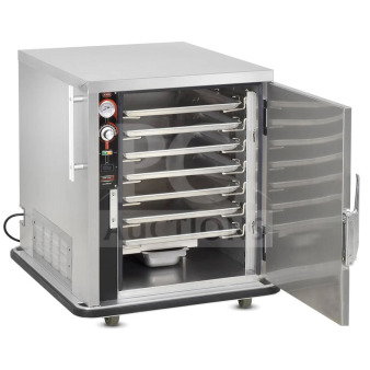 BRAND NEW FWE stainless steel electric heated holding cabinet, model TS-1826-7, with 5-pan capacity and left hinged door.