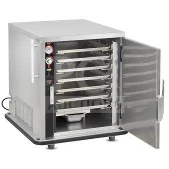 BRAND NEW FWE stainless steel electric heated holding cabinet, model TS-1826-7, with 5-pan capacity and left hinged door.