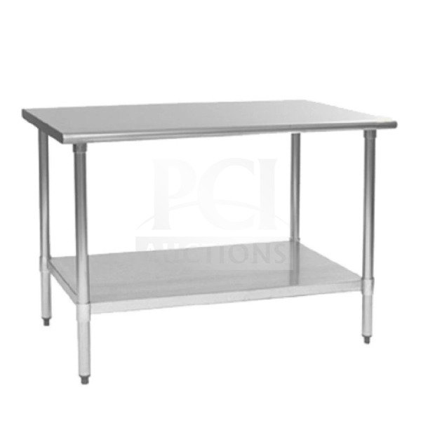 Brand new commercial stainless steel work table, model T3072SB-AW, 30x72 inches, sturdy with lower shelf.