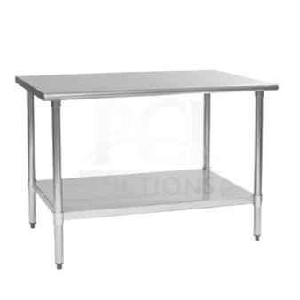 Brand new commercial stainless steel work table, model T3072SB-AW, 30x72 inches, sturdy with lower shelf.
