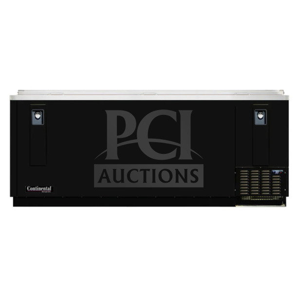 Brand new Continental BC95N stainless steel 95" bottle cooler with slide back lids, commercial-grade, flat top design.