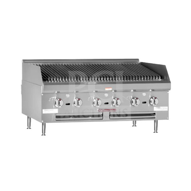 Brand new Southbend HDC36 stainless steel countertop gas char broiler grill with back and side splashes.