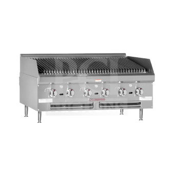 Brand new Southbend HDC36 stainless steel countertop gas char broiler grill with back and side splashes.