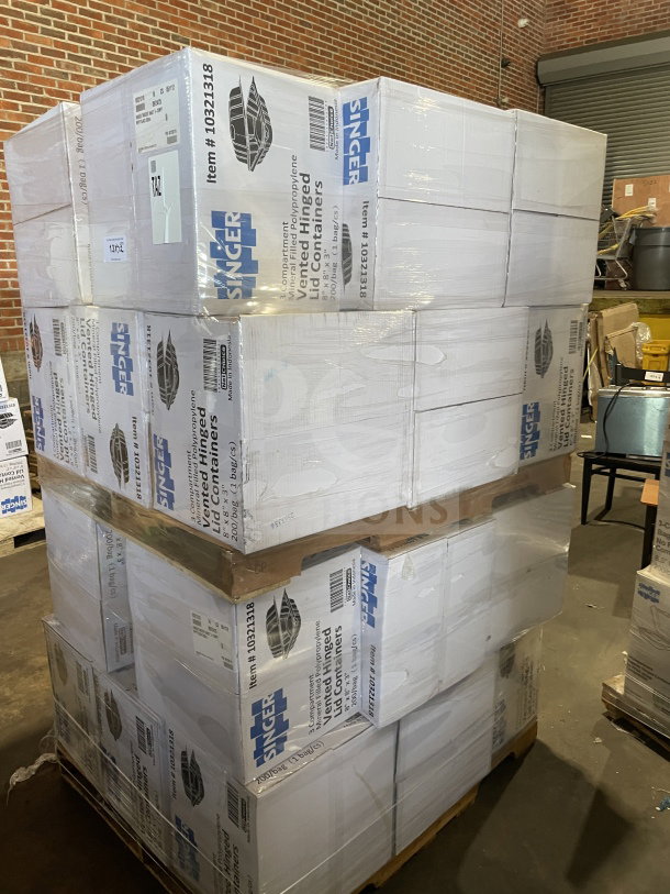 Brand new Singer MFPP commercial black hinged takeout containers, 8x8x3", 3 compartments, 200 per case, on a pallet.