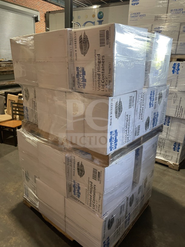 BRAND NEW Singer-AmeriCareRoyal 3-Compartment Containers, Model MFPP, 8x8x3", 200/Case. Pallet of boxed items.