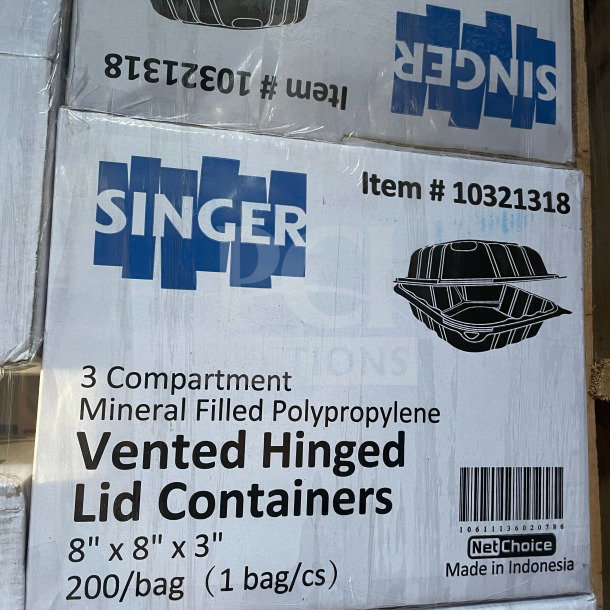 Singer MFPP 3-compartment black hinged takeout containers, 8x8x3", 200/case, vented lid, new condition, made in Indonesia.