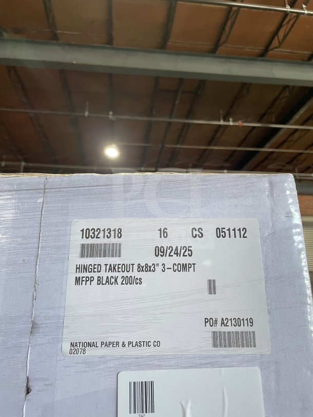BRAND NEW Singer MFPP Black Hinged Takeout Containers. 8x8x3" 3-compartment, 200/case. Label shows model and packaging details.
