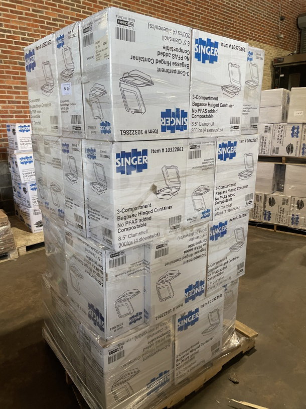 Brand new Singer-AmeriCareRoyal bagasse takeout boxes, 8.5", 3-compartment, no PFAS, 200/case. Model 10322861.