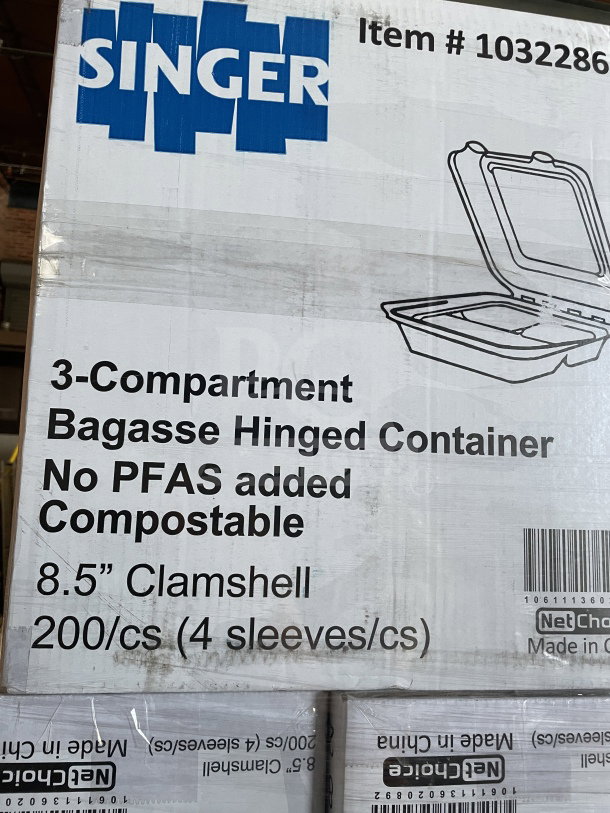 Singer-AmeriCareRoyal 8.5" bagasse hinged takeout box, 3-compartment, PFAS-free, compostable, 200 per case, new condition.