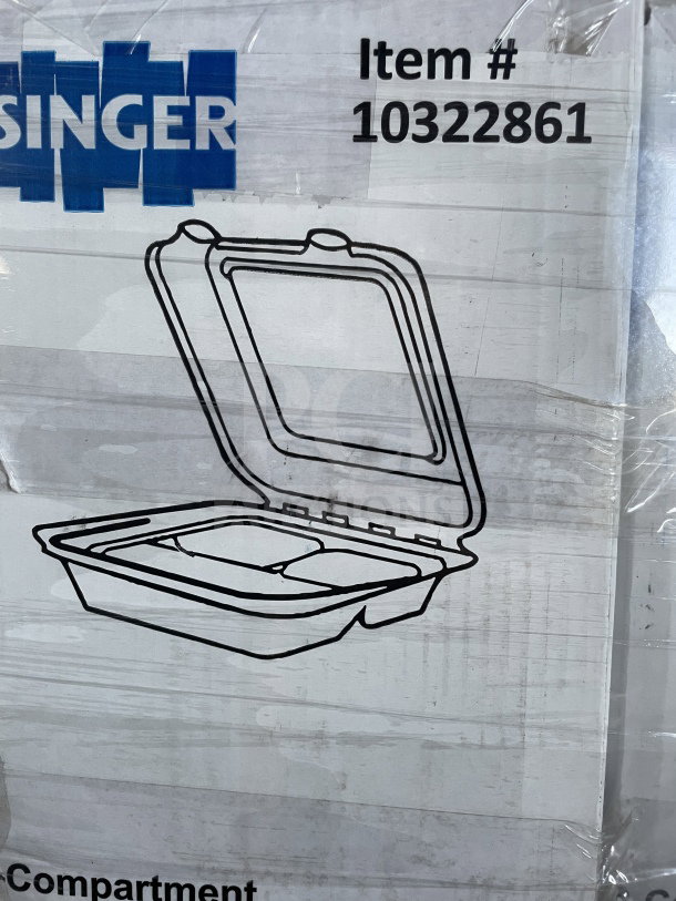 BRAND NEW Singer-AmeriCareRoyal Bagasse 3-compartment takeout boxes, 200/case, no PFAS, Item #10322861.