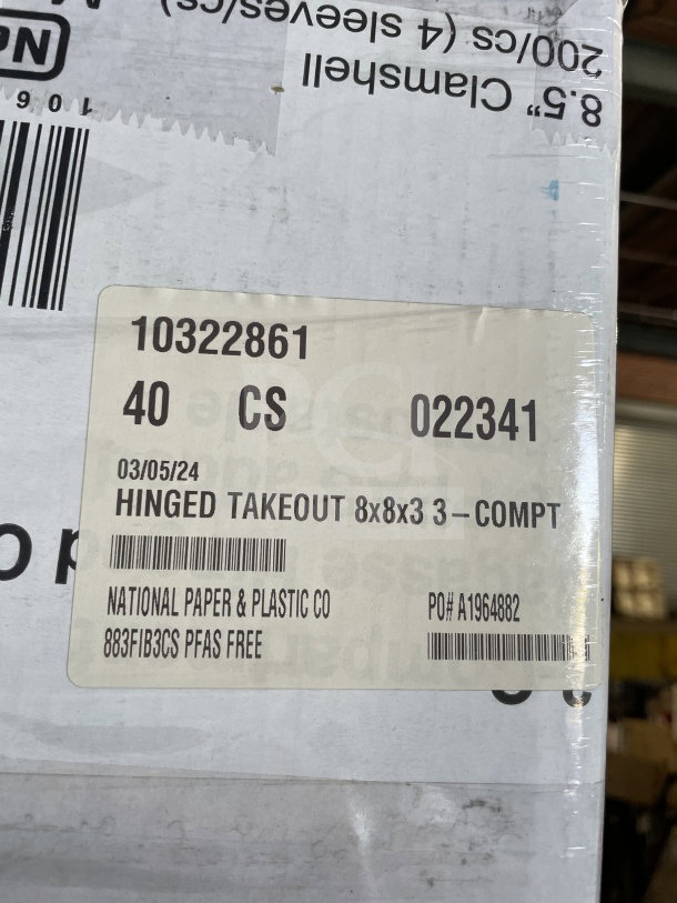 Brand new Singer-AmeriCareRoyal bagasse takeout boxes, 8.5", 3-compartment, PFAS-free, 200/case. SN: 10322861.
