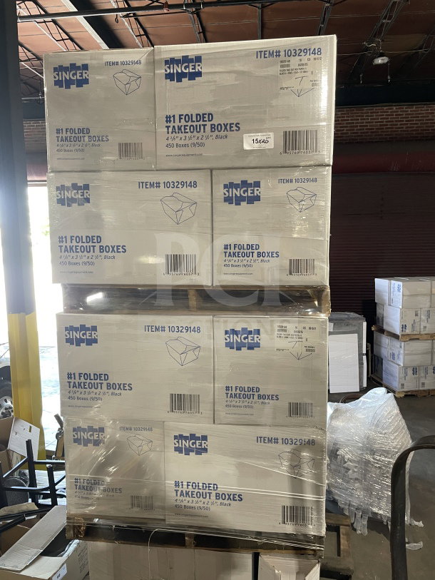 BRAND NEW Singer-AmeriCareRoyal black paperboard take-out boxes, fold-top, 4.375x3.5x2.5", model FTB1BK, 450 per case.