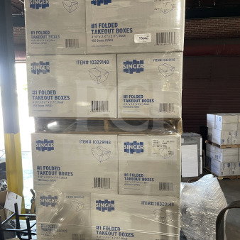 BRAND NEW Singer-AmeriCareRoyal black paperboard take-out boxes, fold-top, 4.375x3.5x2.5", model FTB1BK, 450 per case.