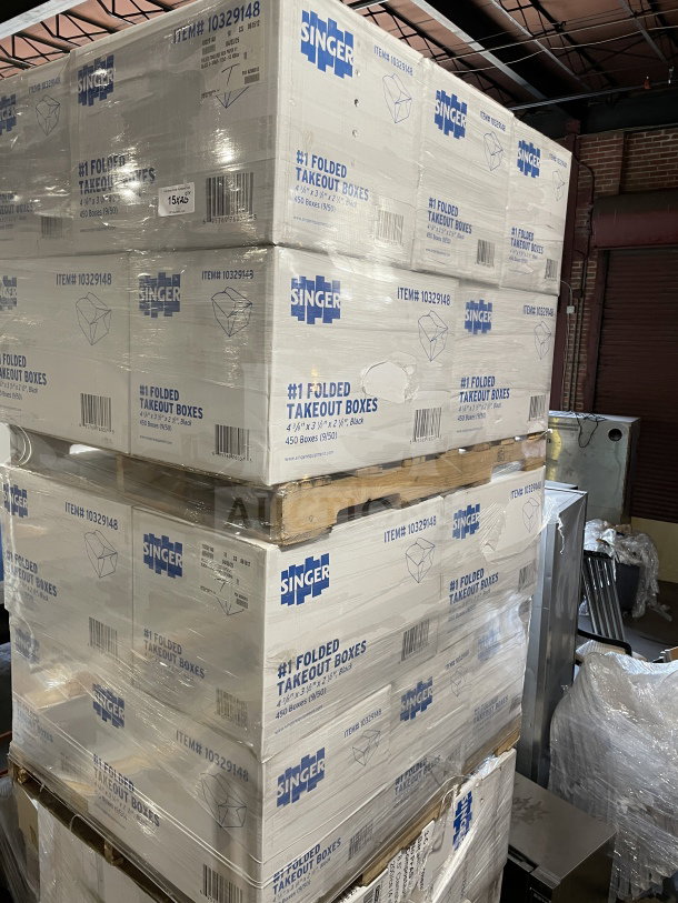 BRAND NEW Singer-AmeriCareRoyal black take-out boxes, model FTB1BK. Fold-top, 4.375"x3.5"x2.5". 450 per case.