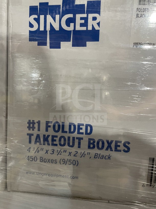 BRAND NEW Singer-AmeriCareRoyal commercial black take-out boxes, fold-top, model FTB1BK, 4.375"x3.5"x2.5", 450 per case.
