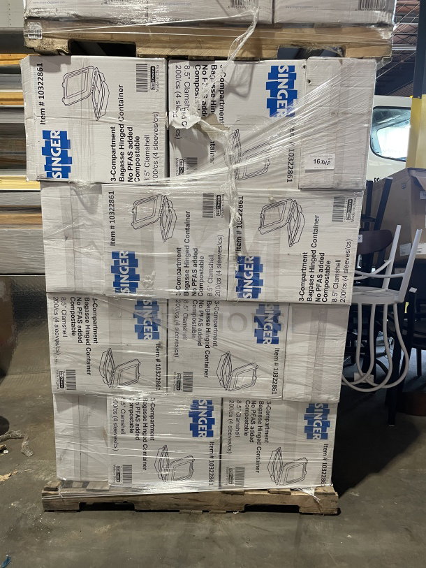 Brand new Singer 3-compartment bagasse takeout boxes, 8.5", case of 200. PFAS-free. SN: 10322861, packaging intact.