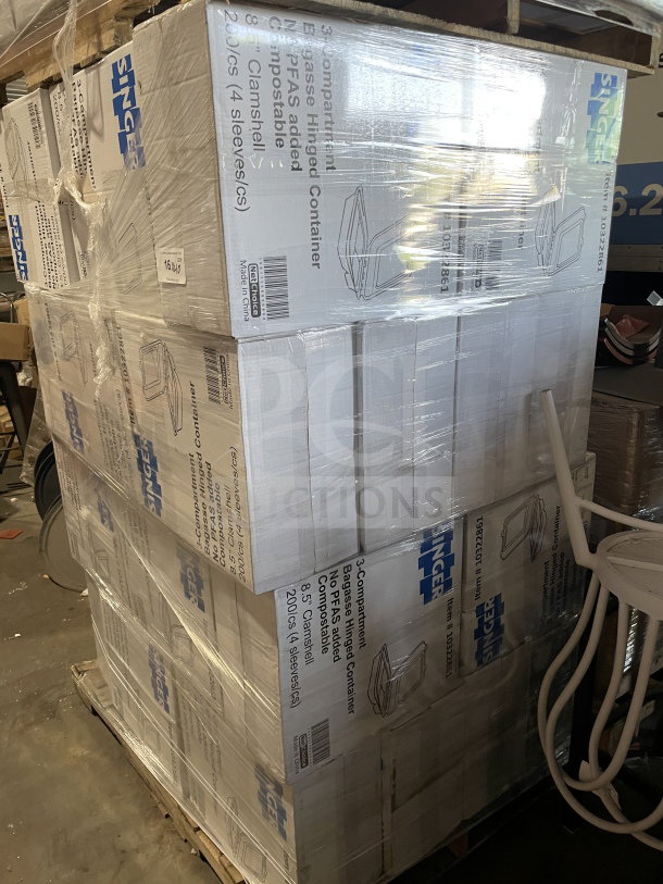 Singer-AmeriCareRoyal Bagasse hinged takeout box, 3 compartments, 8.5", no PFAS, 200/case, SN: 10322861, new condition.