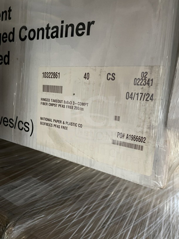 Brand new Singer-AmeriCareRoyal bagasse hinged takeout boxes, 8.5", 3-compartment, PFAS free, 200 per case, SN: 10322861.