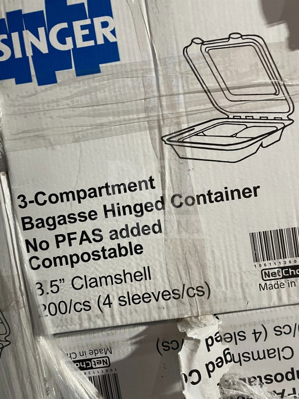Singer-AmeriCareRoyal 3-compartment bagasse containers, no PFAS, compostable, 8.5", 200/case, SN: 10322861, new.